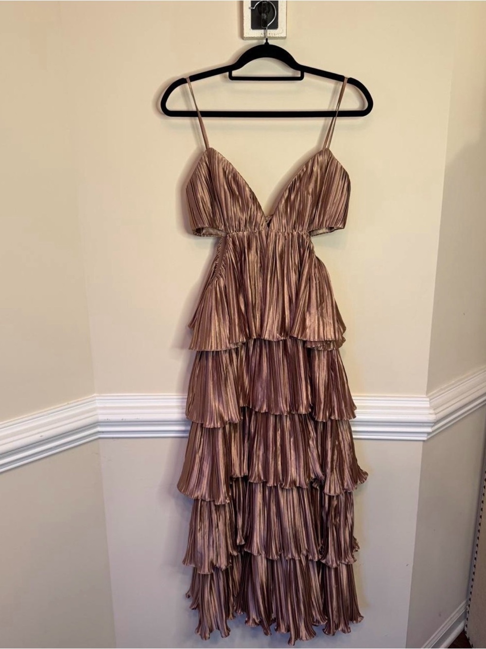 BHLDN Metallic Bronze Pleated Tiered Ruffle Gown